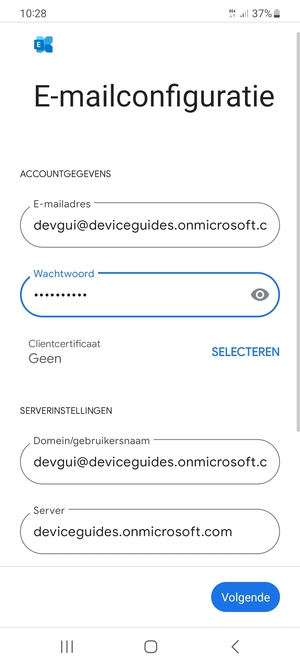 Voer Gebruikersnaam en Exchange serveradres in. Selecteer Volgende