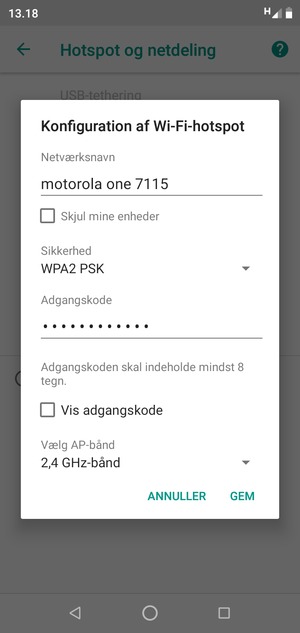 Indtast en Wi-Fi-hotspot adgangskode på minimum 8 tegn og vælg GEM