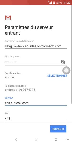 Saisissez votre Nom d'utilisateur et l'adresse du serveur Exchange. Sélectionnez SUIVANTE