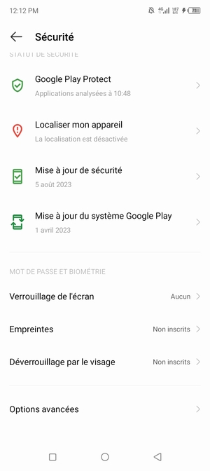 Pour modifier le code PIN de la carte SIM, allez dans le menu Sécurité et faites défiler et sélectionnez Options avancées