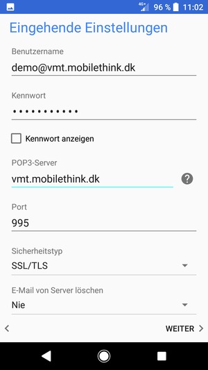Geben Sie Benutzername und die Server-Adresse für eingehende Post ein