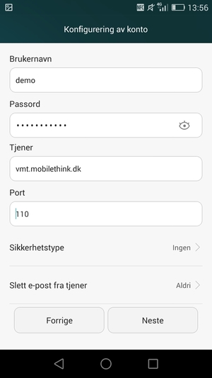 Skriv inn Brukernavn og innkommende serveradresse. Velg Neste