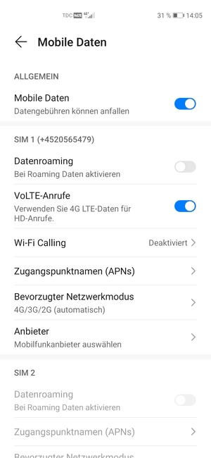 Scrollen Sie zu SIM 1 oder SIM 2 und wählen Sie Zugangspunktnamen (APNs)