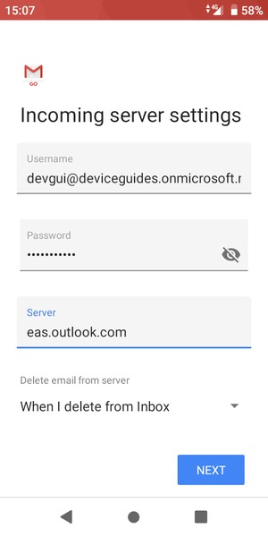 Enter Username and Incoming server address. Select NEXT