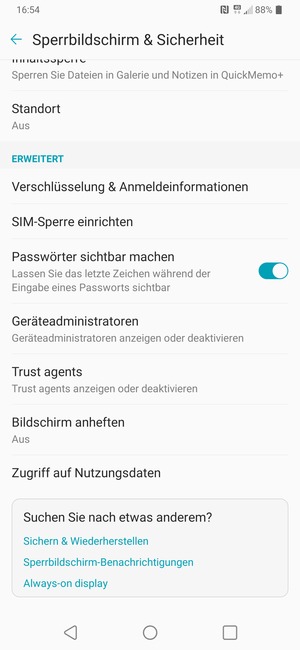 Um die PIN für die SIM-Karte zu wechseln, scrollen Sie und wählen Sie SIM-Sperre einrichten