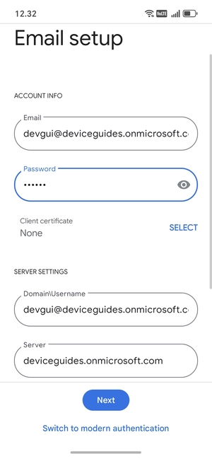 Enter Username and Exchange server address. Select Next