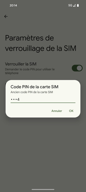Saisissez votre Ancien code PIN de la carte SIM et sélectionnez OK