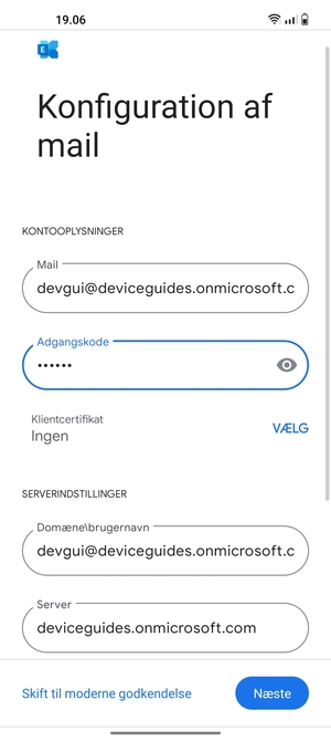 Indtast Brugernavn og Exchange serveradresse. Vælg Næste