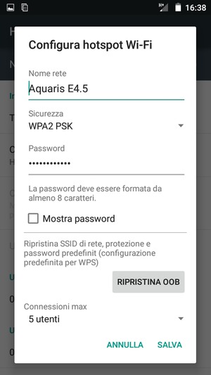 Inserisci una password dell'hotspot Wi-Fi di almeno 8 caratteri e seleziona SALVA