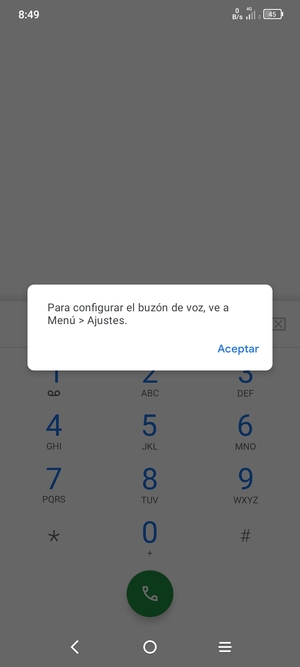 Si el correo de voz no está configurado, seleccione Aceptar