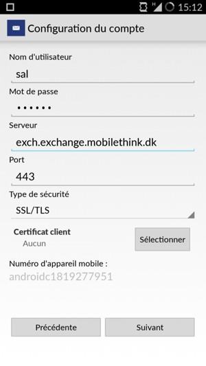 Saisissez votre Nom d'utilisateur et l'adresse du serveur Exchange. Sélectionnez Suivant