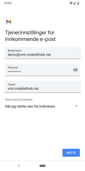 Skriv inn Brukernavn og innkommende serveradresse. Velg NESTE