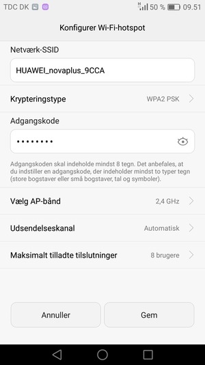 Indtast en Wi-Fi-hotspot adgangskode på minimum 8 tegn og vælg Gem