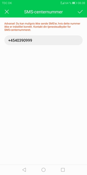 Indtast SMS-centernummer og vælg OK