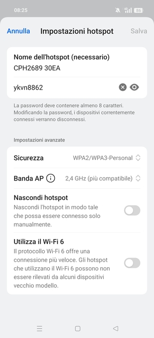 Inserisci una password dell'hotspot Wi-Fi di almeno 8 caratteri e seleziona Salva