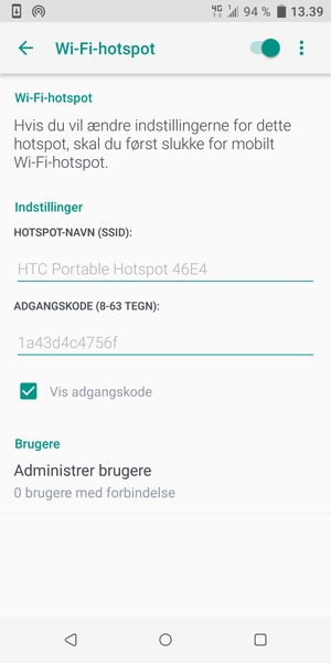 Din telefon er nu sat op til brug som modem