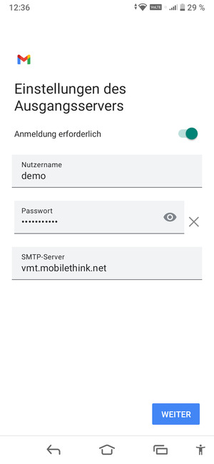 Geben Sie die Server-Adresse für ausgehende Post ein