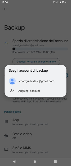 Seleziona il tuo account di backup