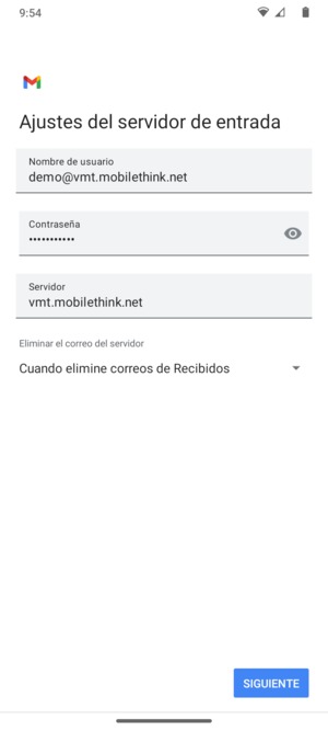 Introduzca Nombre de usuario y la dirección de servidor entrante. Seleccione SIGUIENTE