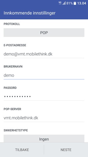 Skriv inn Brukernavn og Innkommende serveradresse. Velg NESTE