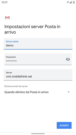 Inserisci Nome utente e l'indirizzo del server di posta in arrivo. Seleziona AVANTI