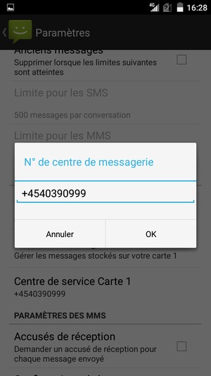 Saisissez le N° de centre de messagerie et sélectionnez OK
