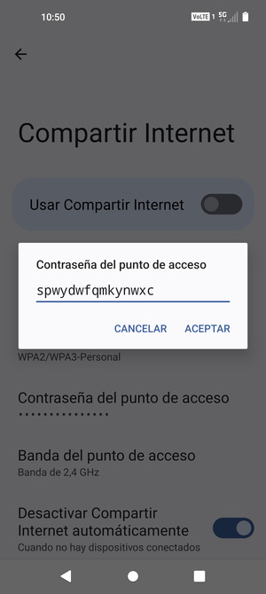 Introduzca una contraseña de punto de acceso Wi-Fi de al menos 8 caracteres y seleccione ACEPTAR