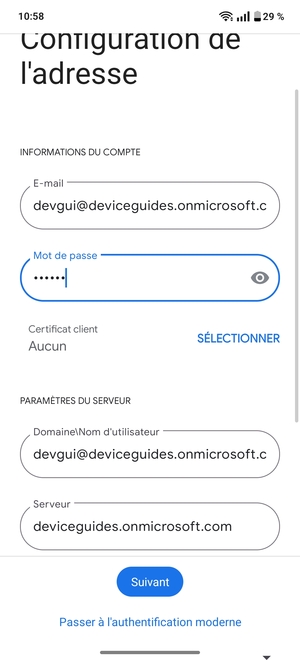 Saisissez votre Nom d'utilisateur et l'adresse du serveur Exchange. Sélectionnez Suivant