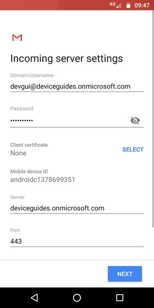 Enter Username and Exchange server address. Select NEXT