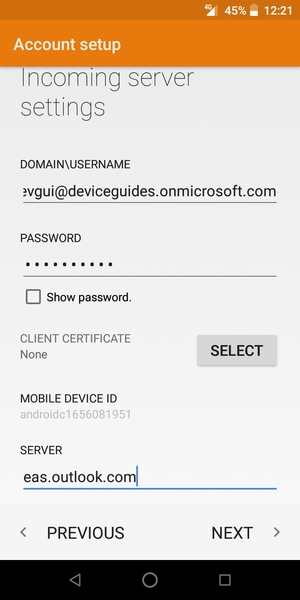 Enter Username and Exchange server address. Select NEXT
