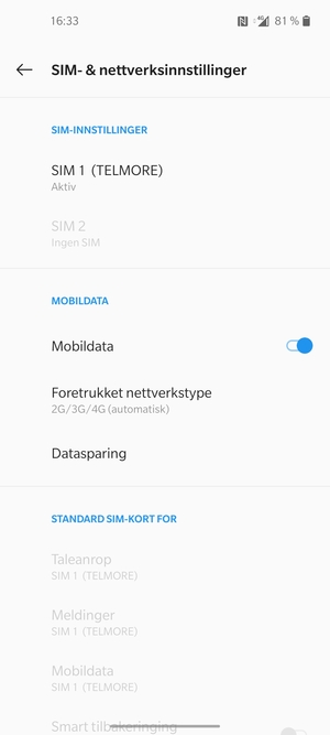 Velg SIM 1 eller SIM 2