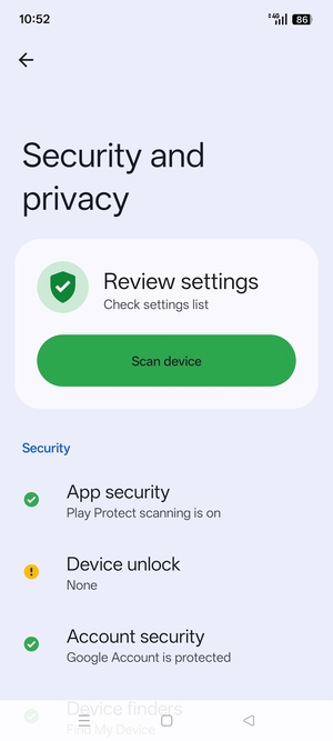To activate your screen lock, go to the Security and privacy menu and select Device unlock