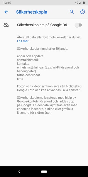 Aktivera Säkerhetskopiera på Google Drive
