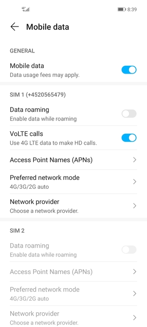 Scroll to SIM 1 or SIM 2 and select Preferred network mode