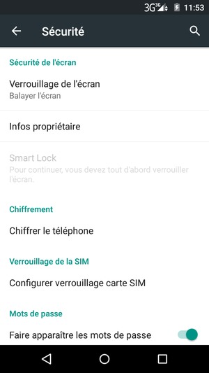 Pour activer votre écran de verrouillage, allez dans le menu Sécurité et sélectionnez Verrouillage de l'écran