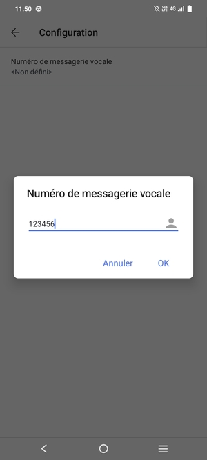 Saisissez le Numéro de messagerie vocale et sélectionnez OK