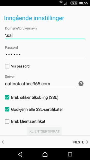 Skriv inn Brukernavn og Exchange serveradresse. Velg NESTE