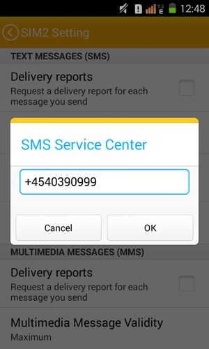 Enter the SMS Service Center number and select OK
