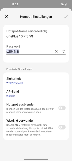 Geben Sie eine WLAN-Hotspot-Passwort mit mindestens 8 Zeichen ein und wählen Sie OK