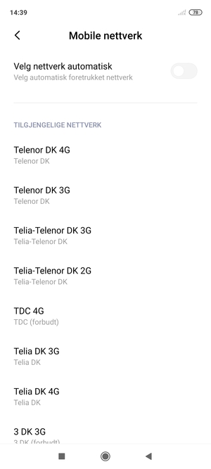 Velg en nettverksoperatør fra listen