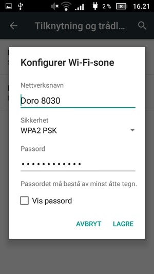 Skriv inn et Wi-Fi hotspot-passord på minst 8 tegn og velg LAGRE
