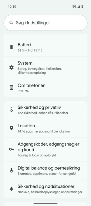 Scroll til og vælg Sikkerhed og privatliv
