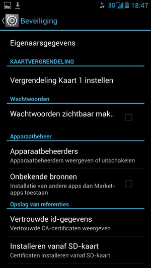 Om de pin voor de simkaart te wijzigen, keert u terug naar het menu Beveiliging en selecteert u Vergrendeling Kaart 1 instellen