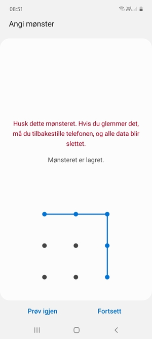 Tegn et opplåsingsmønster og velg Fortsett
