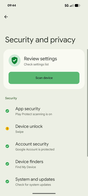 To activate your screen lock, go to the Security and privacy menu and select Device unlock