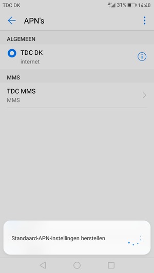 Uw telefoon wordt teruggezet naar standaard internet- en mms-instellingen