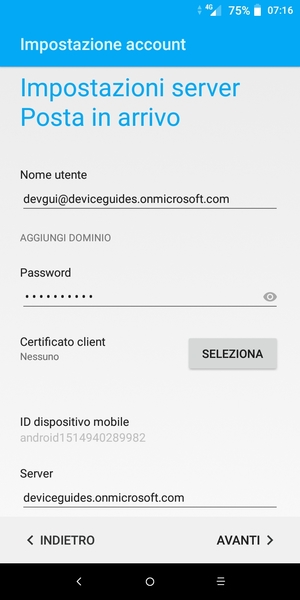 Inserisci Nome utente e l'indirizzo del server Exchange. Seleziona AVANTI
