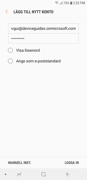 Ange din e-postadress och lösenord. Välj MANUELL INST.