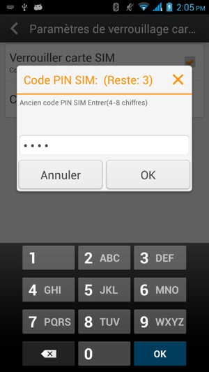 Saisissez votre Ancien code PIN SIM et sélectionnez OK
