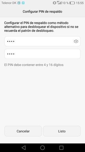 Introduzca su PIN de respaldo dos veces y seleccione Listo